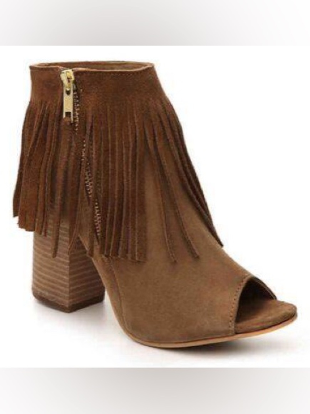 Women’s Brown Suede Fringe Peep-Toe Block Heel Ankle Boot